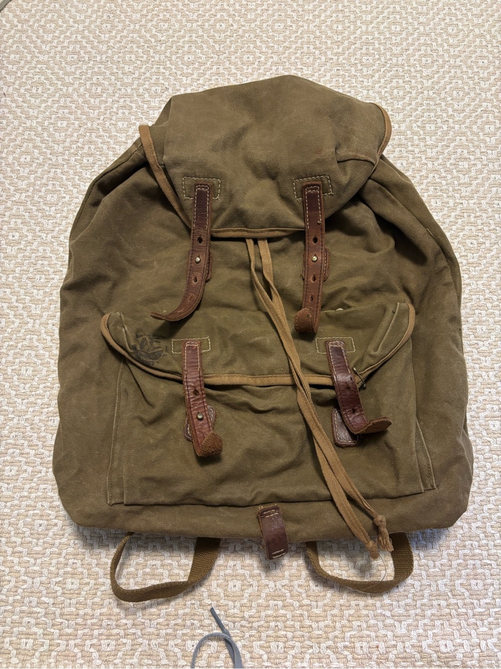 Green Olive Canvas Backpack with Leather Trim
